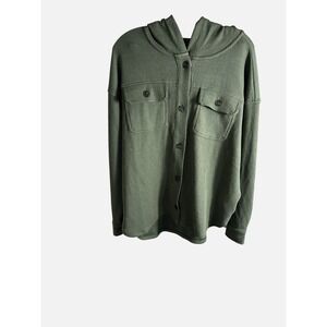 Time and Tru Womens Olive Green Ribbed Hooded Shacket Button Down Size L 12-14